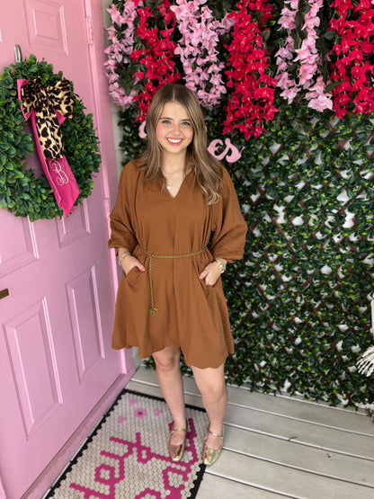 Cognac Scallop Trim Dress