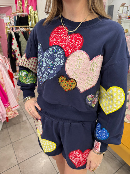 Queen Of Sparkles Navy Multi Embroidered Hearts Shorts