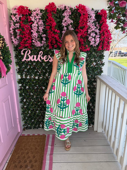 Floral & Green Stripes Midi Dress