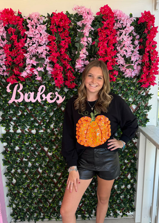 Queen of Sparkles Black & Orange Flower Sequin Pumpkin Sweatshirt
