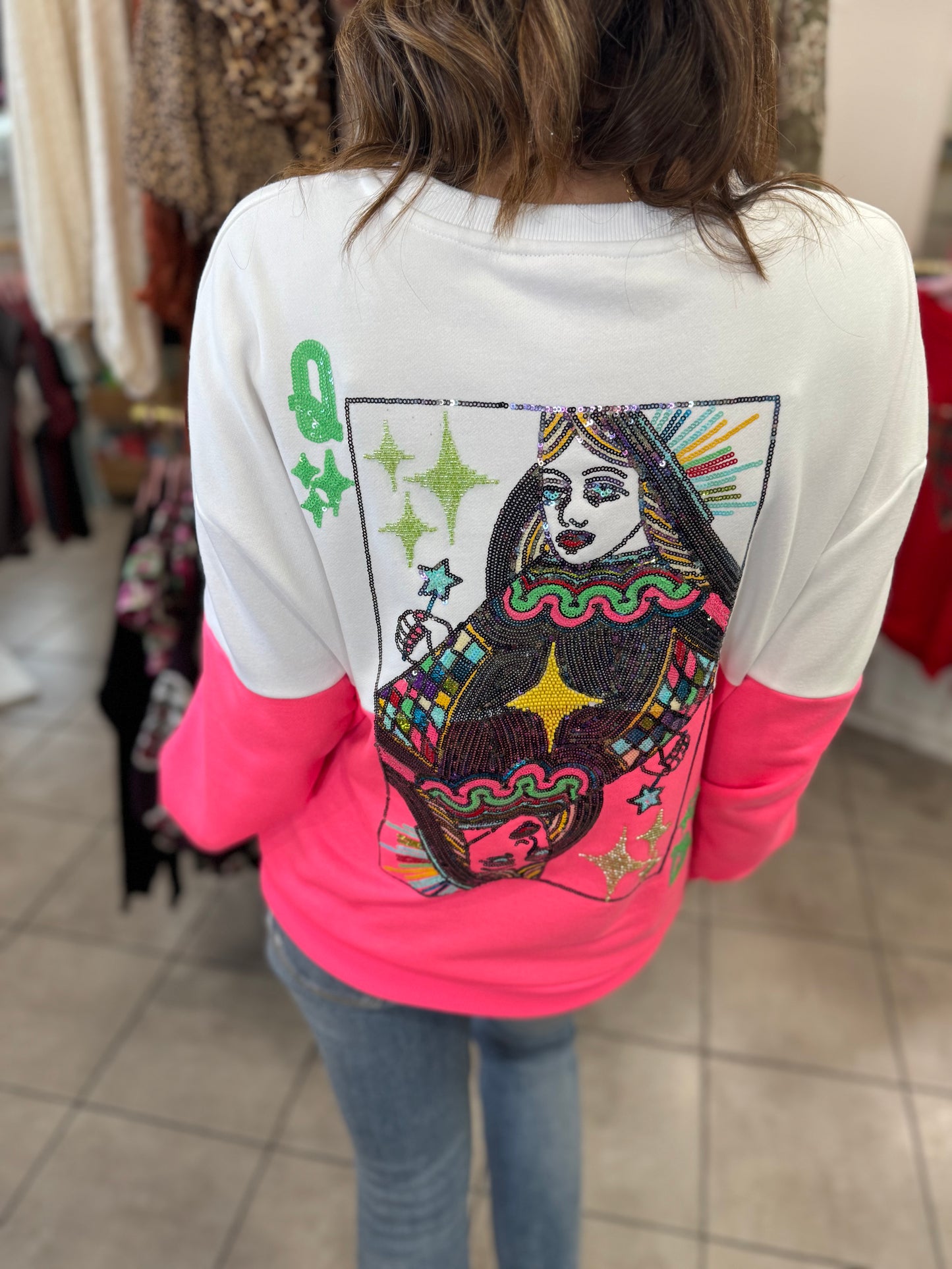 Queen Of Sparkles White & Neon Pink Colorblock Logo Sweatshirt