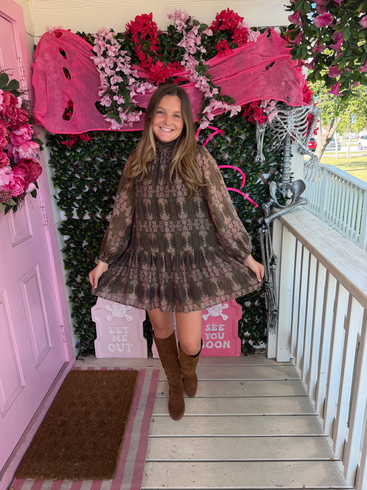 High Neck Olive Patterned Dress
