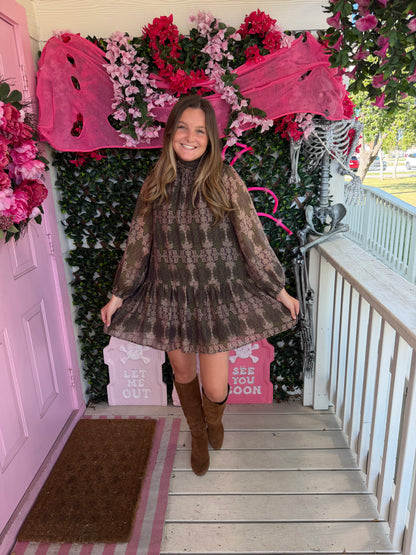 High Neck Olive Patterned Dress