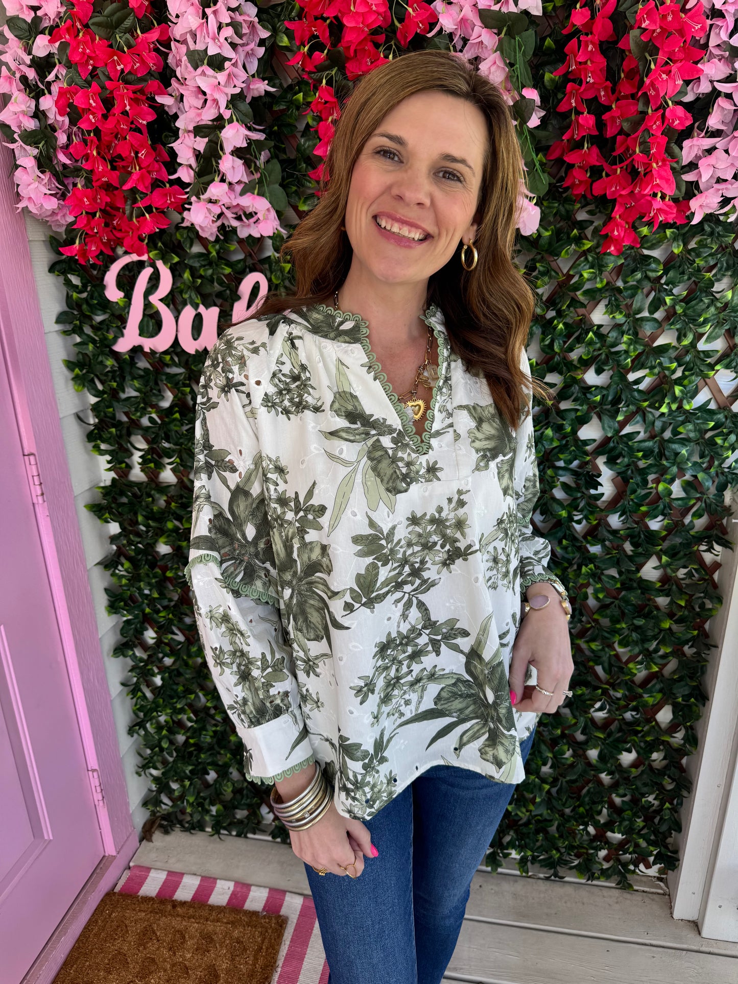 Olive Floral Eyelet Top