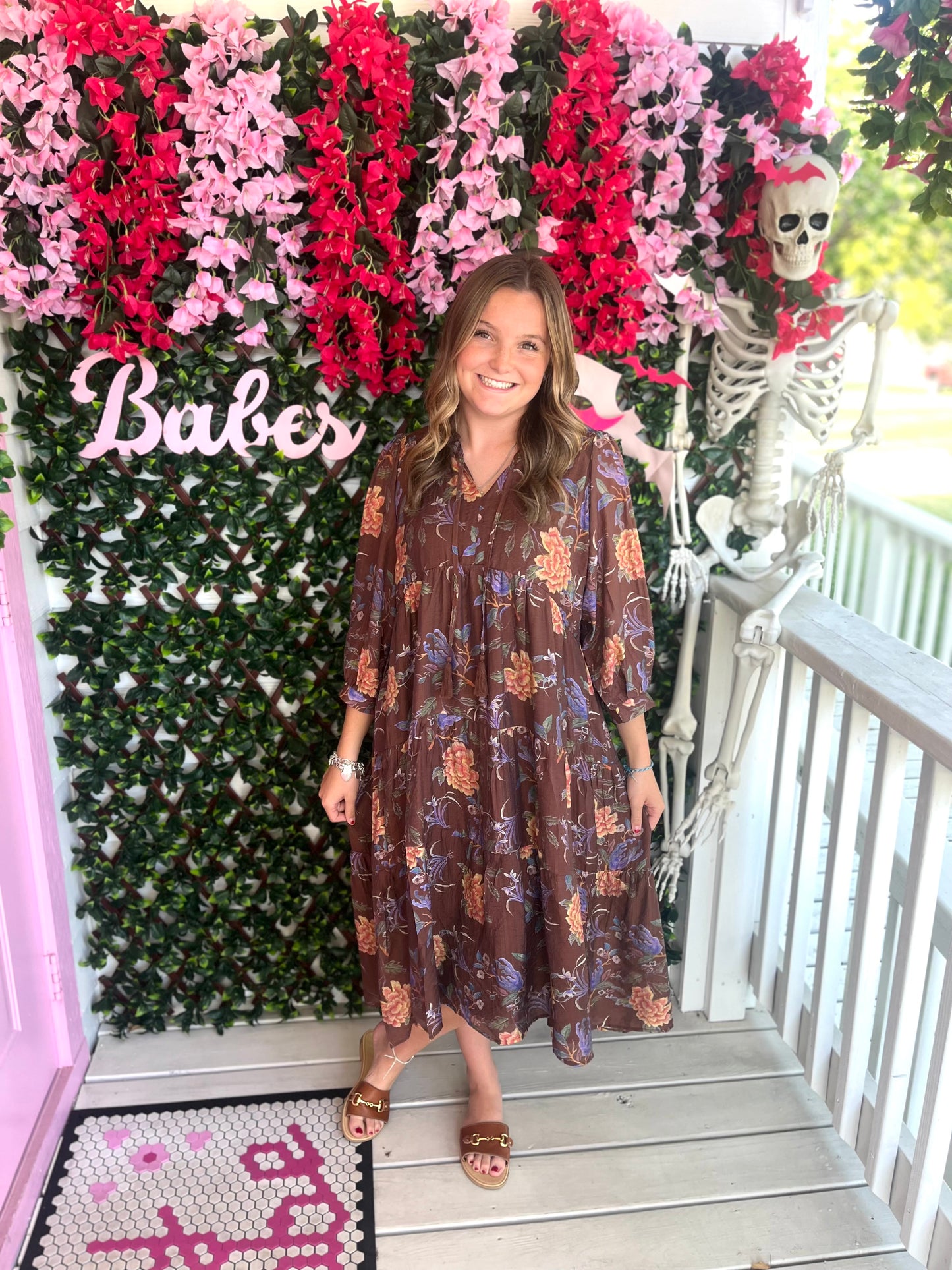 Brown Mix Floral Midi Dress