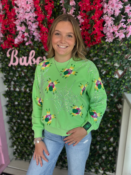 Queen of Sparkles Neon Green Fuzzy Spider & Web Sweatshirt
