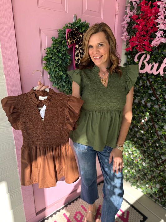 Smocked Flutter Sleeve Top-Coffee
