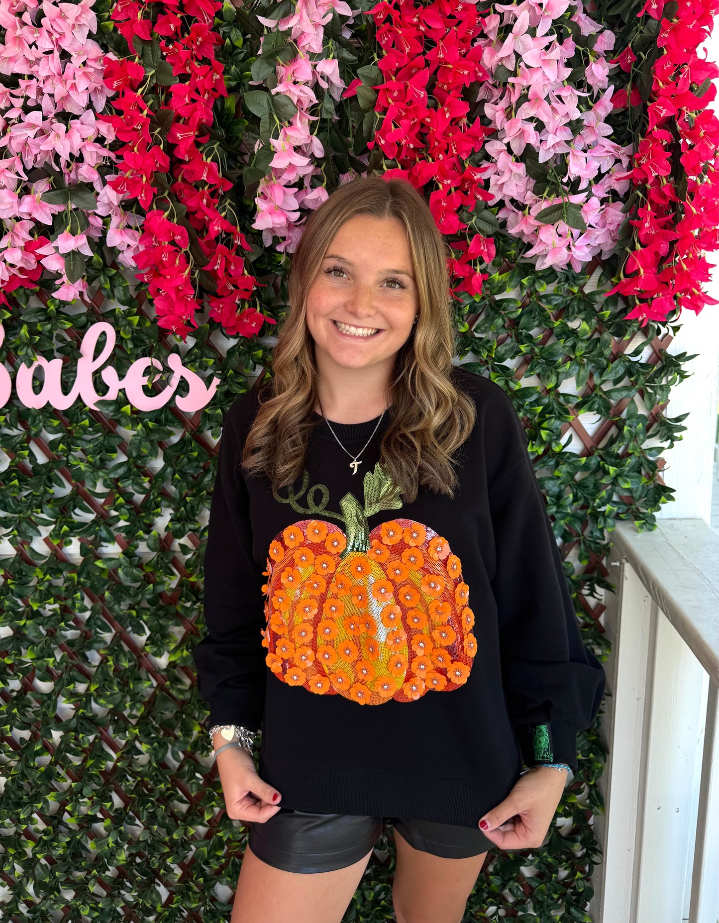 Queen of Sparkles Black & Orange Flower Sequin Pumpkin Sweatshirt