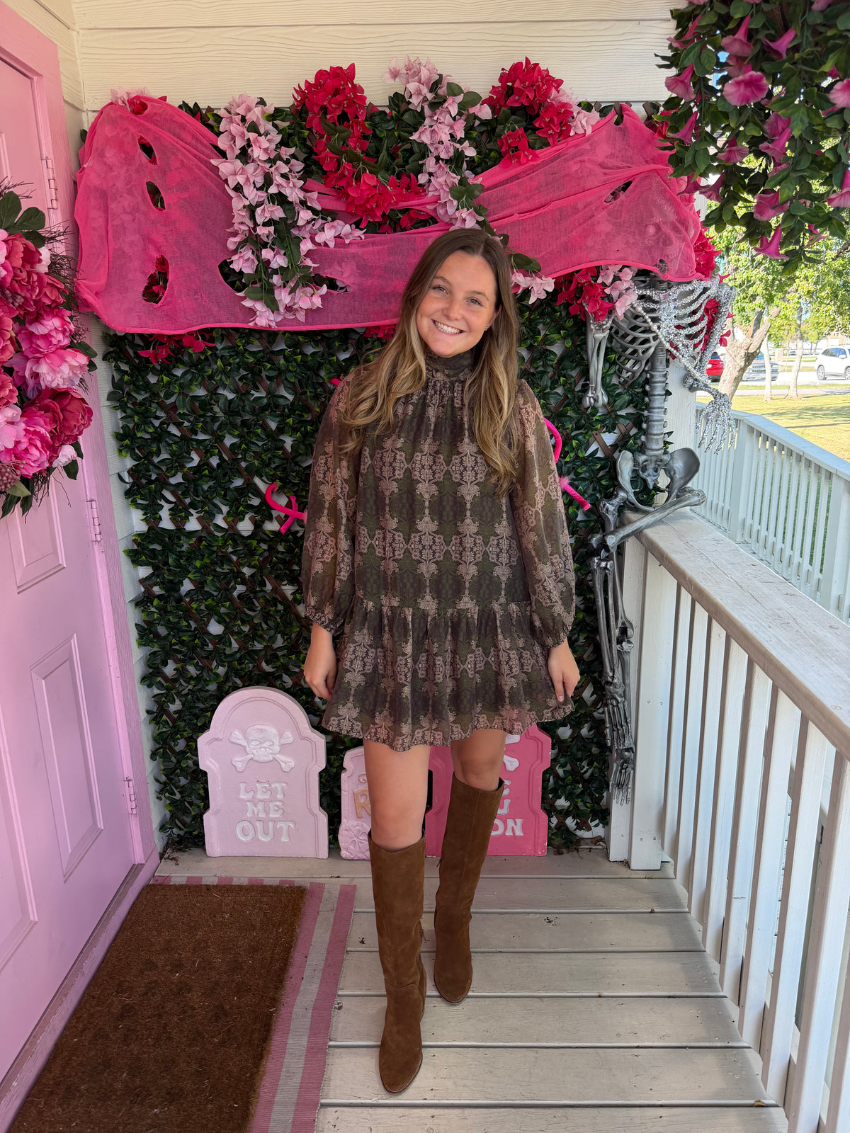 High Neck Olive Patterned Dress