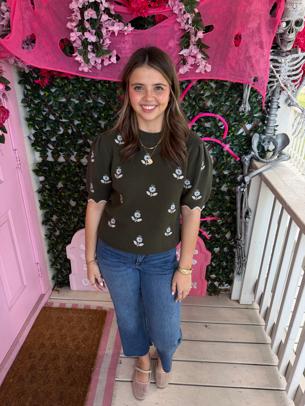 Olive Dainty Floral Sweater Top