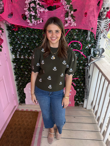 Olive Dainty Floral Sweater Top