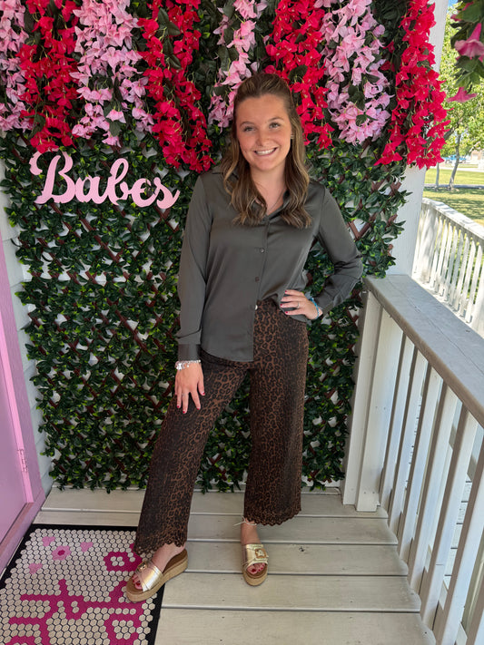 Satin Olive Button Down Top