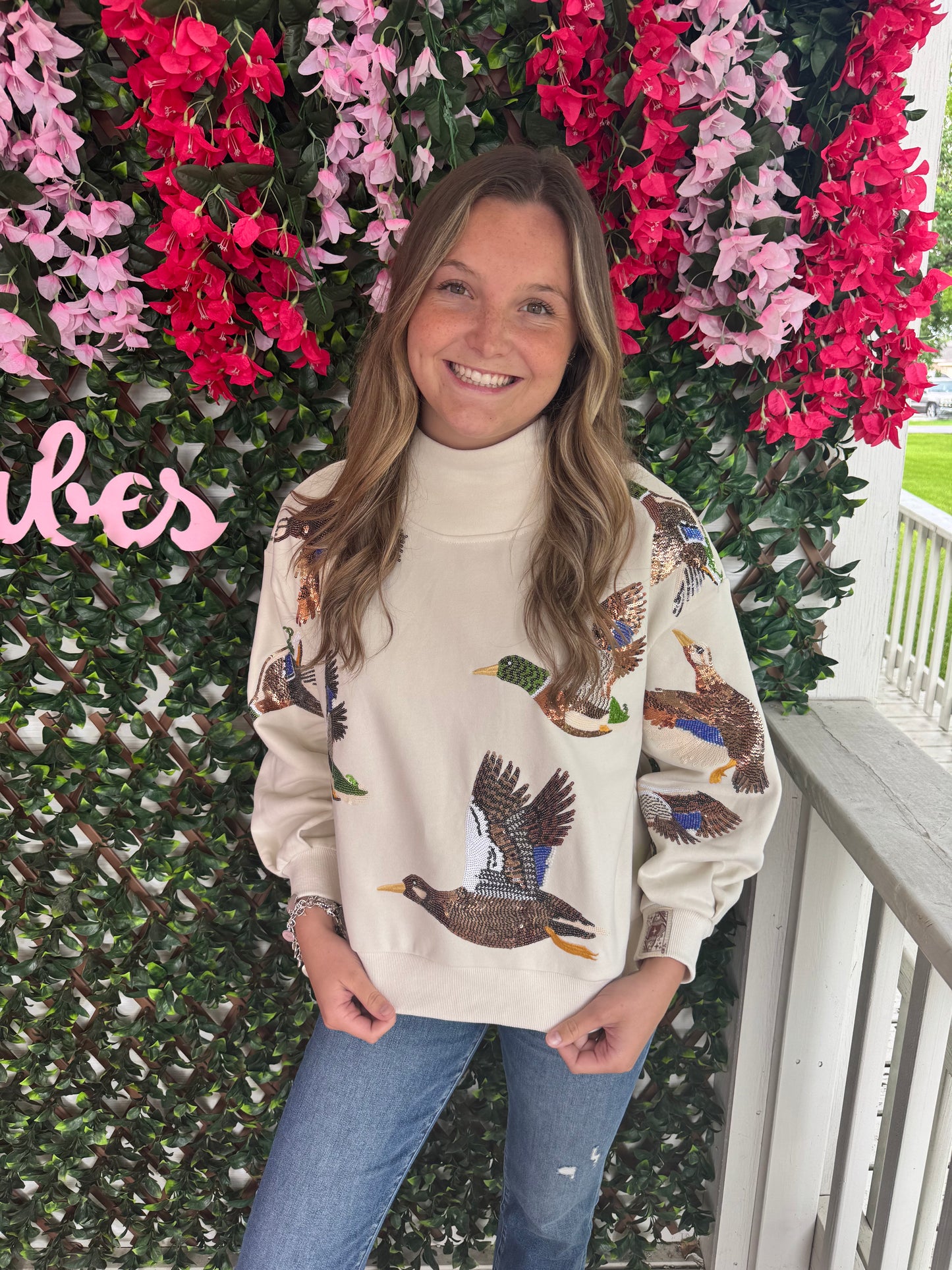 Queen Of Sparkles Ivory Flying Ducks Mock Neck Sweatshirt