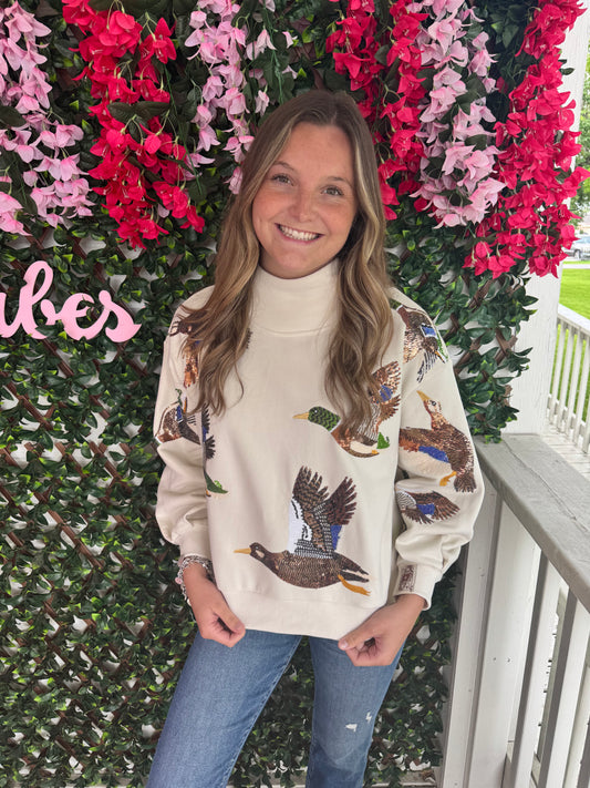 Queen Of Sparkles Ivory Flying Ducks Mock Neck Sweatshirt
