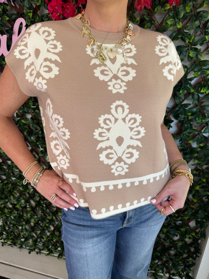 Damask Print Taupe Sweater Top