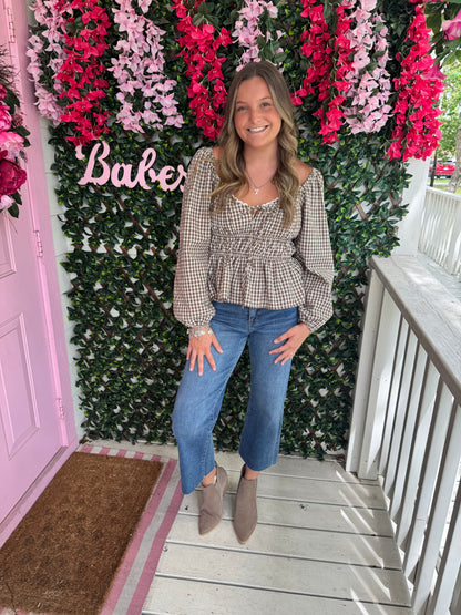 Chestnut Gingham Peplum Top