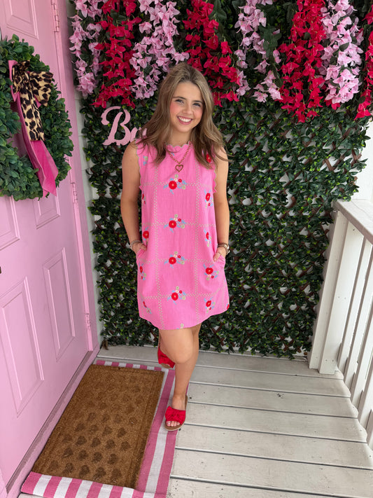 Floral Embroidered Dress - Pink