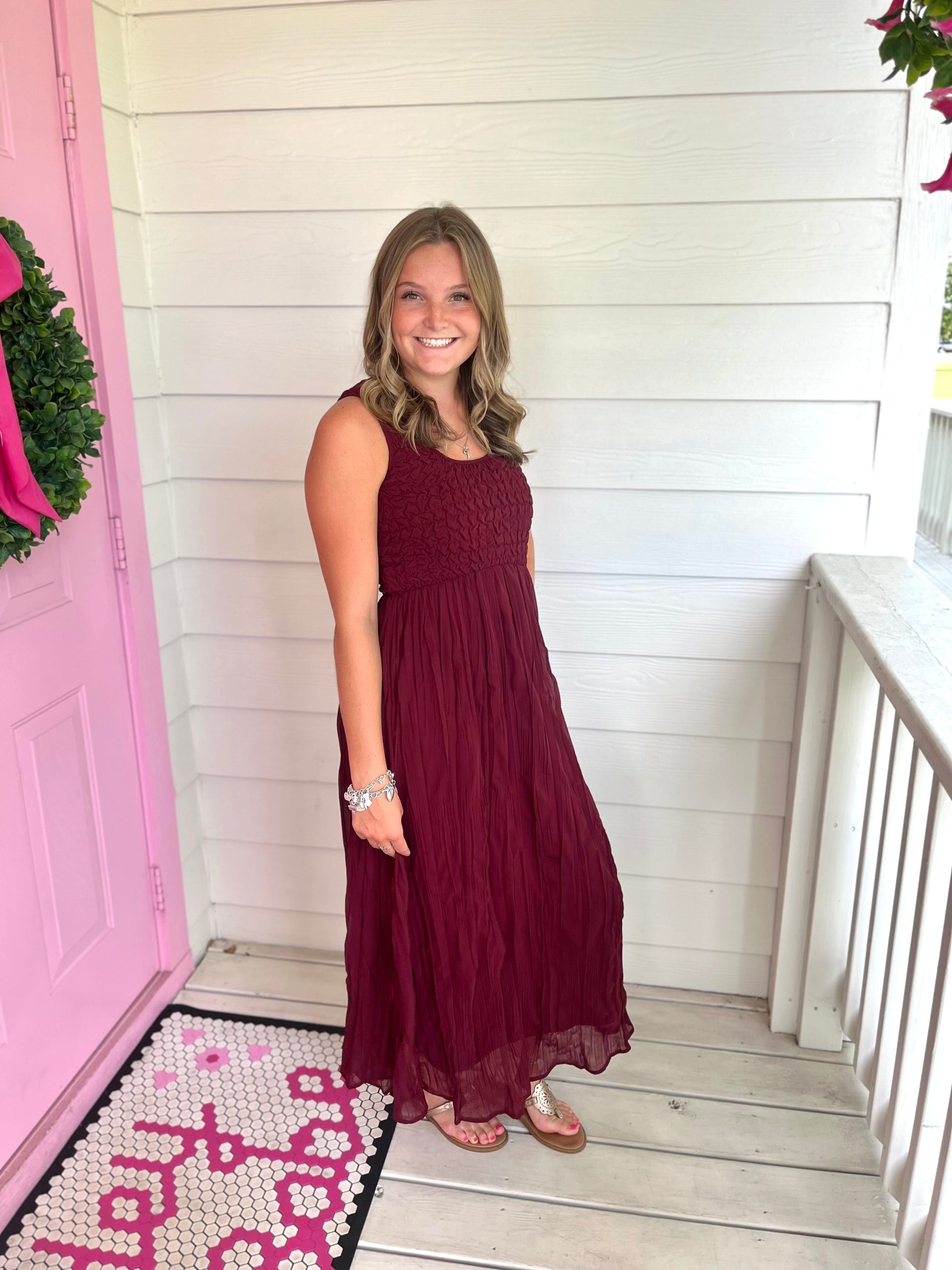 Burgundy Smocked Bodice Maxi Dress – Babes By The Bay