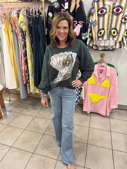 Queen of Sparkles Charcoal Skeleton Holding Queen Cards Rhinestone Sweatshirt