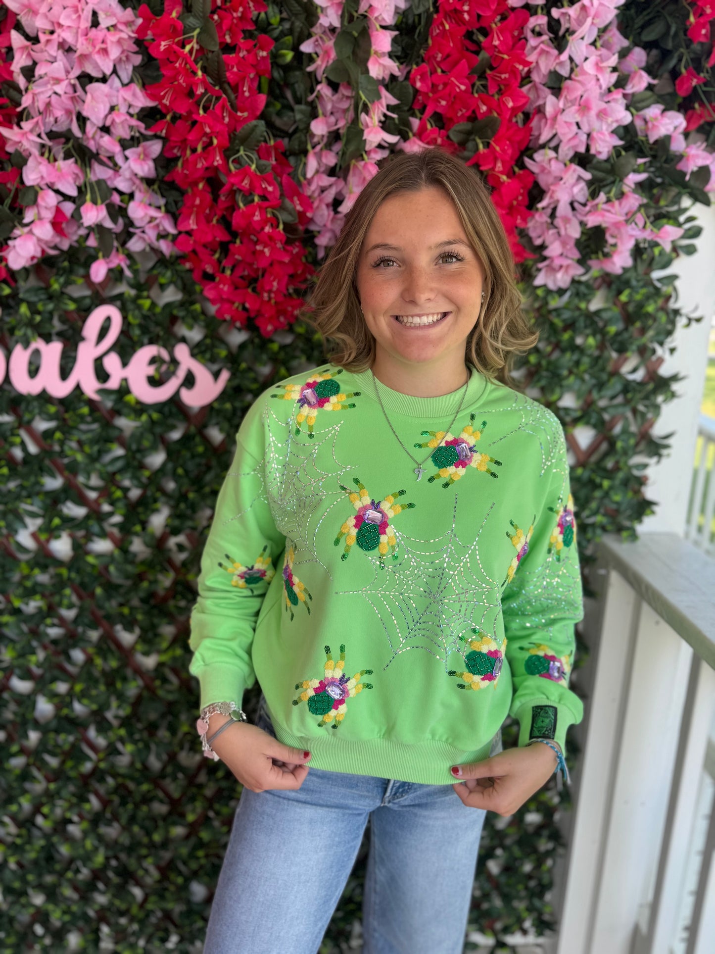 Queen of Sparkles Neon Green Fuzzy Spider & Web Sweatshirt