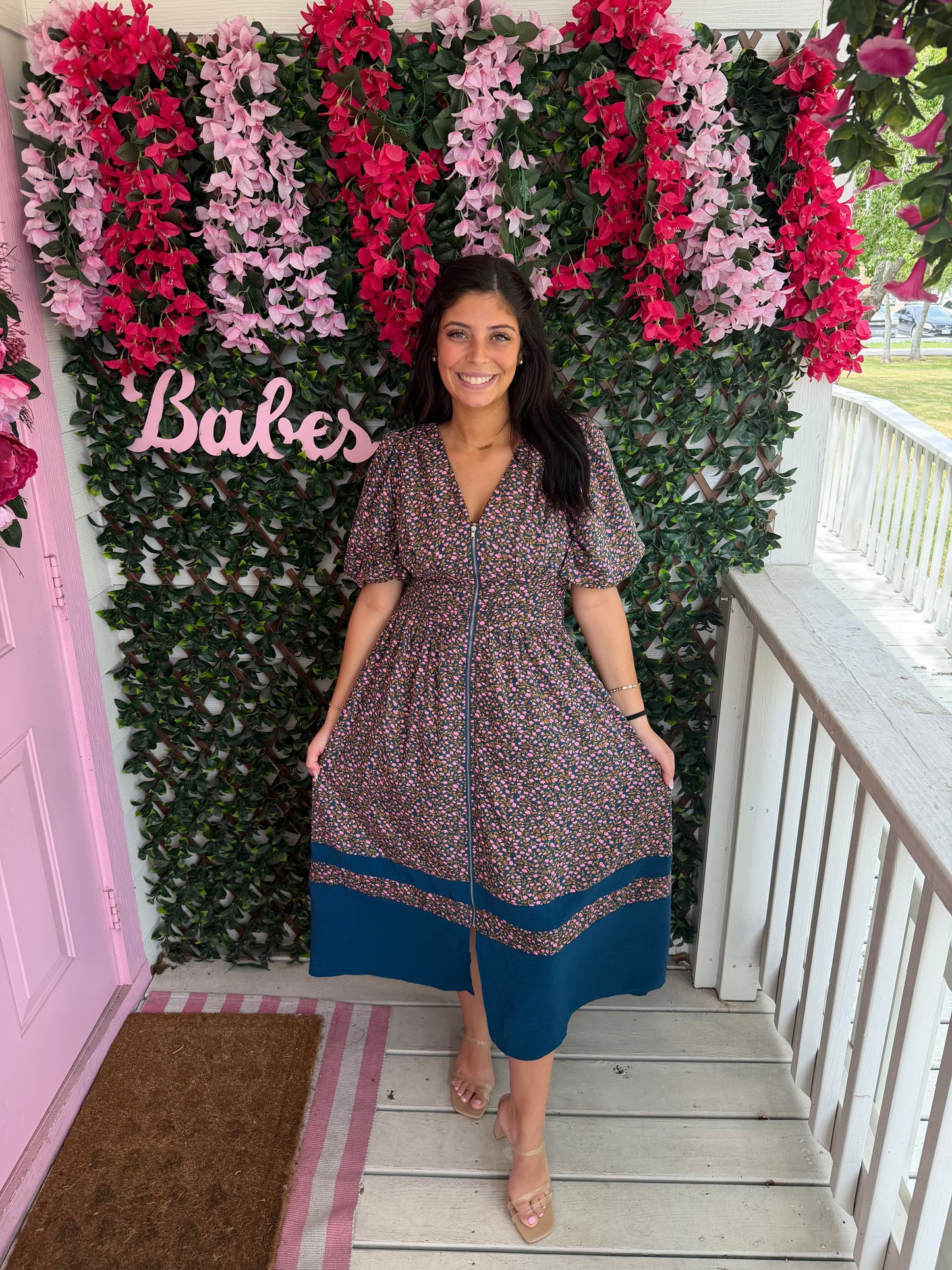 Floral Smocked Zip Front Dress