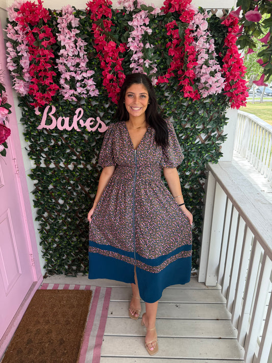 Floral Smocked Zip Front Dress