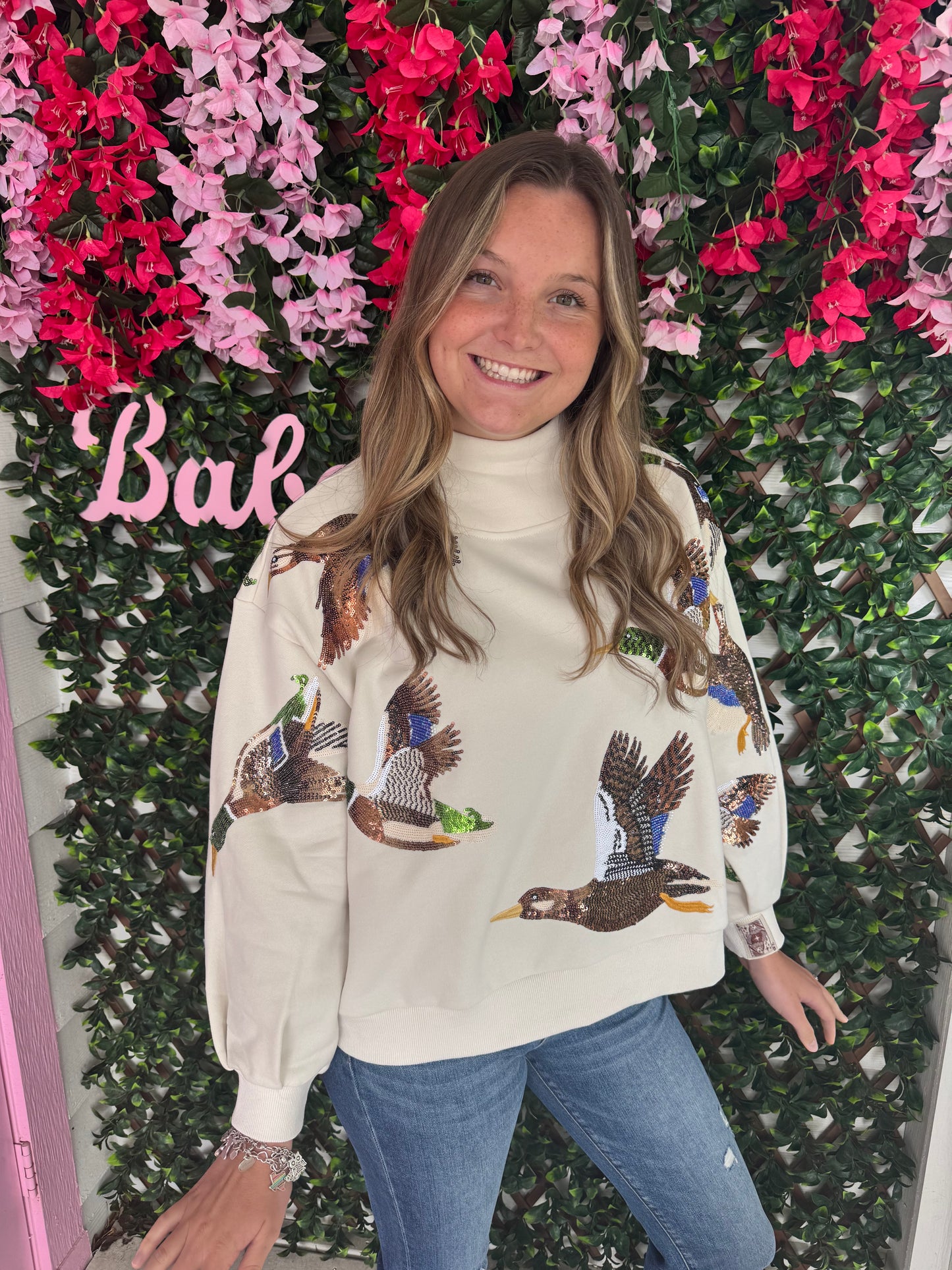 Queen Of Sparkles Ivory Flying Ducks Mock Neck Sweatshirt