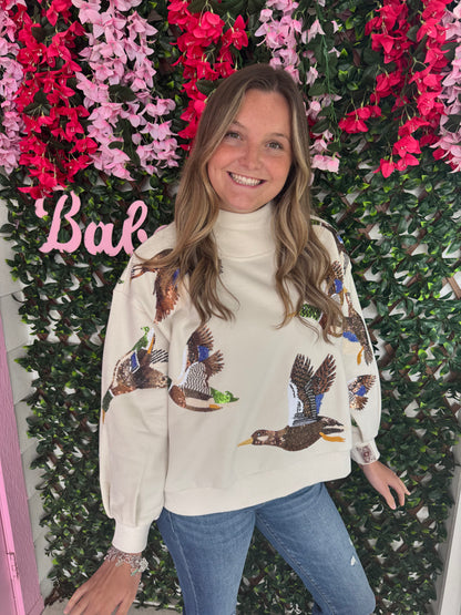 Queen Of Sparkles Ivory Flying Ducks Mock Neck Sweatshirt