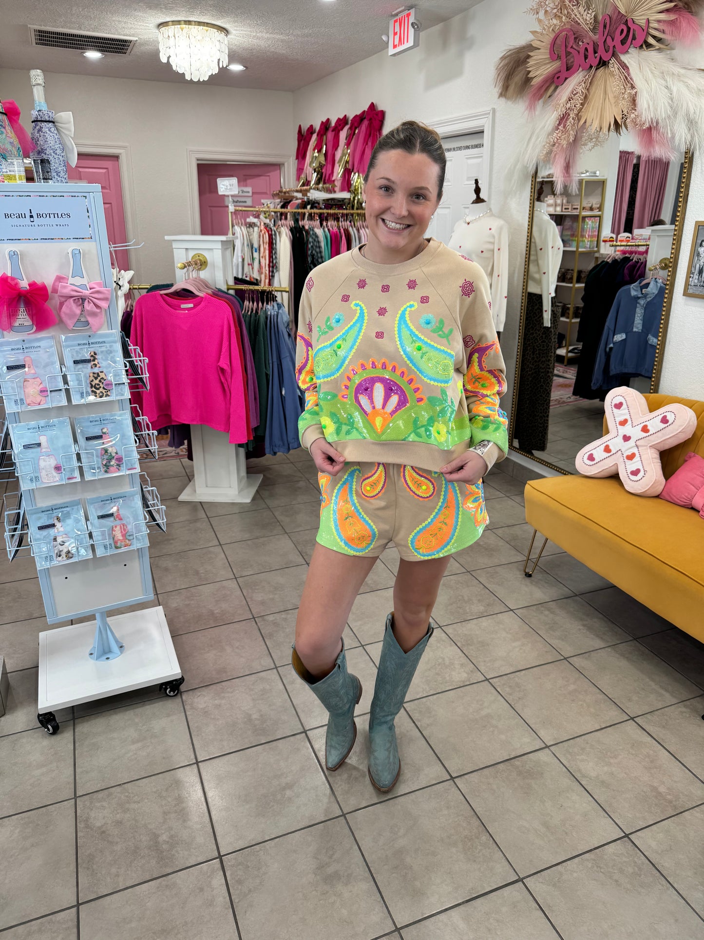 Queen Of Sparkles Beige & Neon Paisley Print Shorts