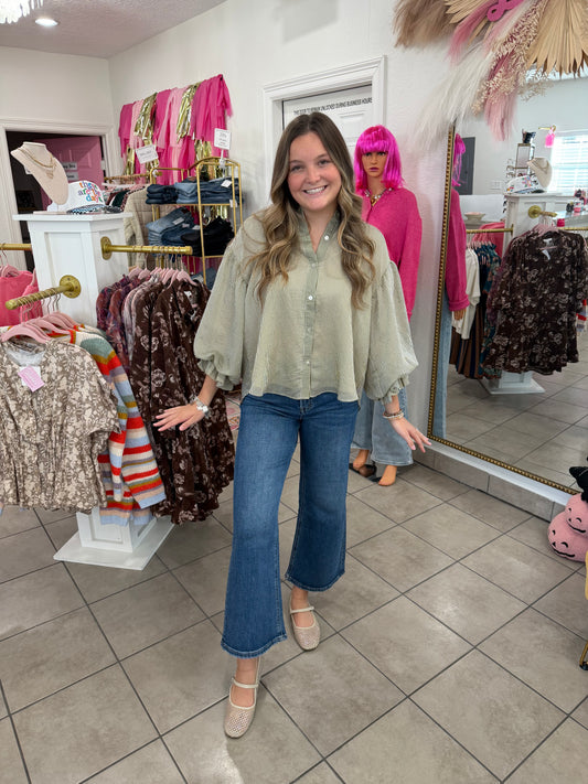 Sage Pinstripe Bubble Sleeve Top