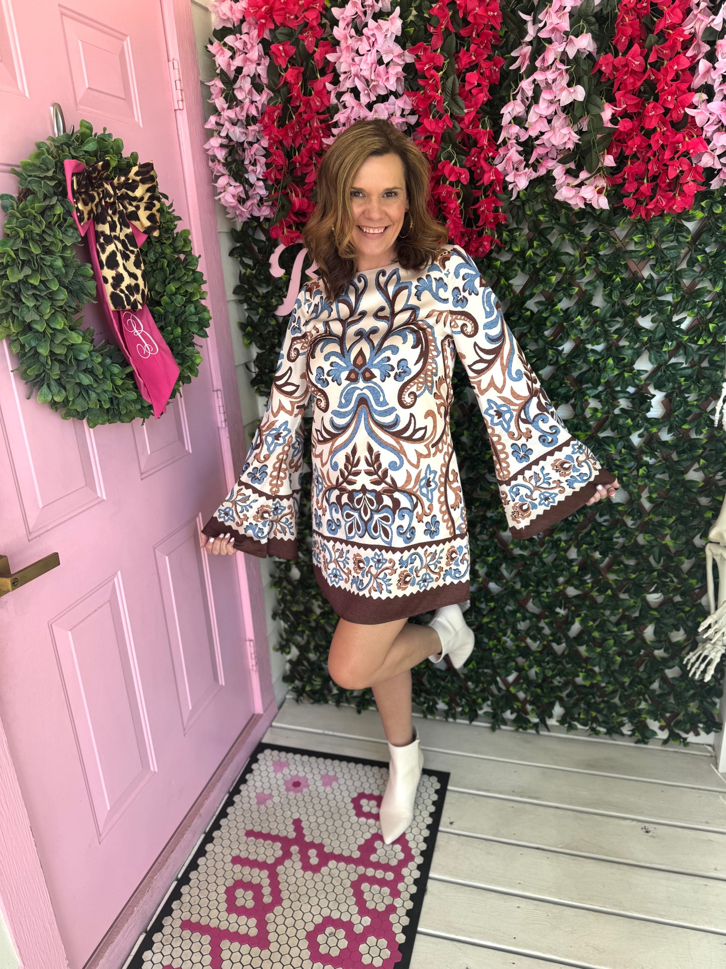 Paisley Bell Sleeve Satin Dress