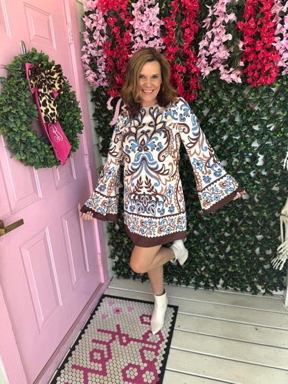 Paisley Bell Sleeve Satin Dress