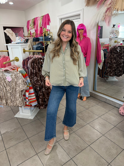 Sage Pinstripe Bubble Sleeve Top