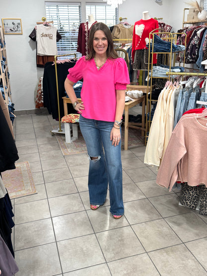 Hot Pink Ruffle V-Neck Top