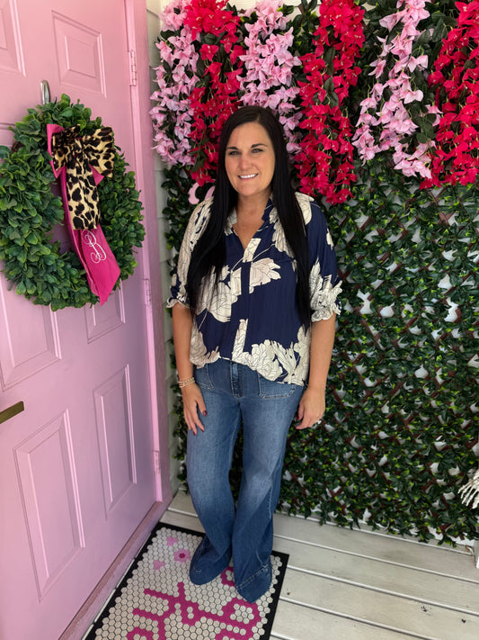 Navy & Cream Floral Top