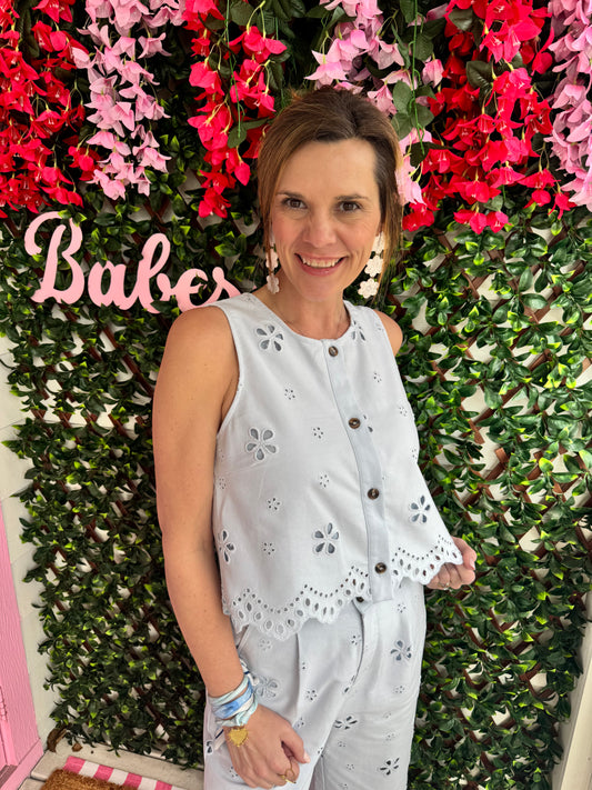 Babe In Blue Eyelet Top