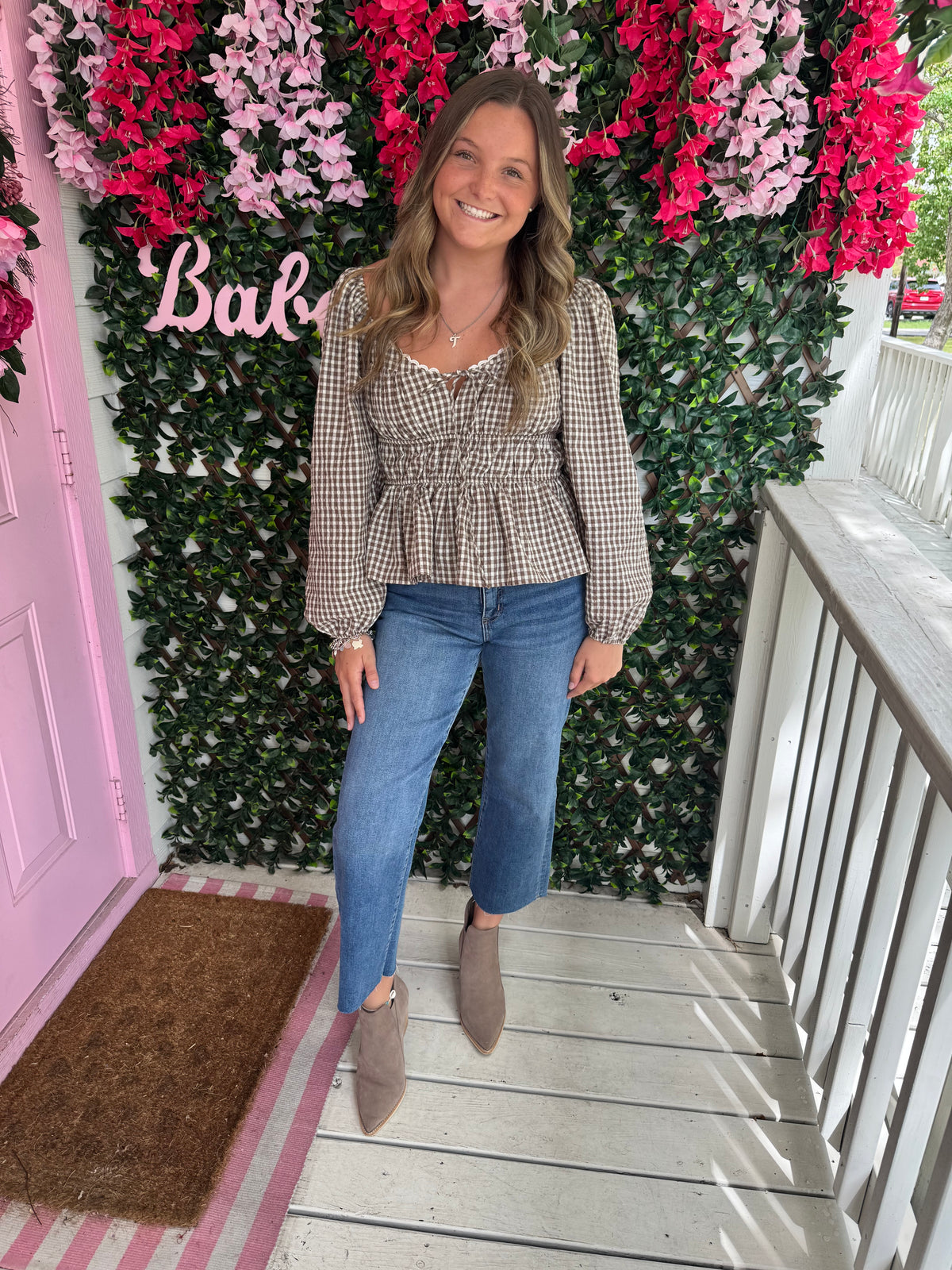 Chestnut Gingham Peplum Top