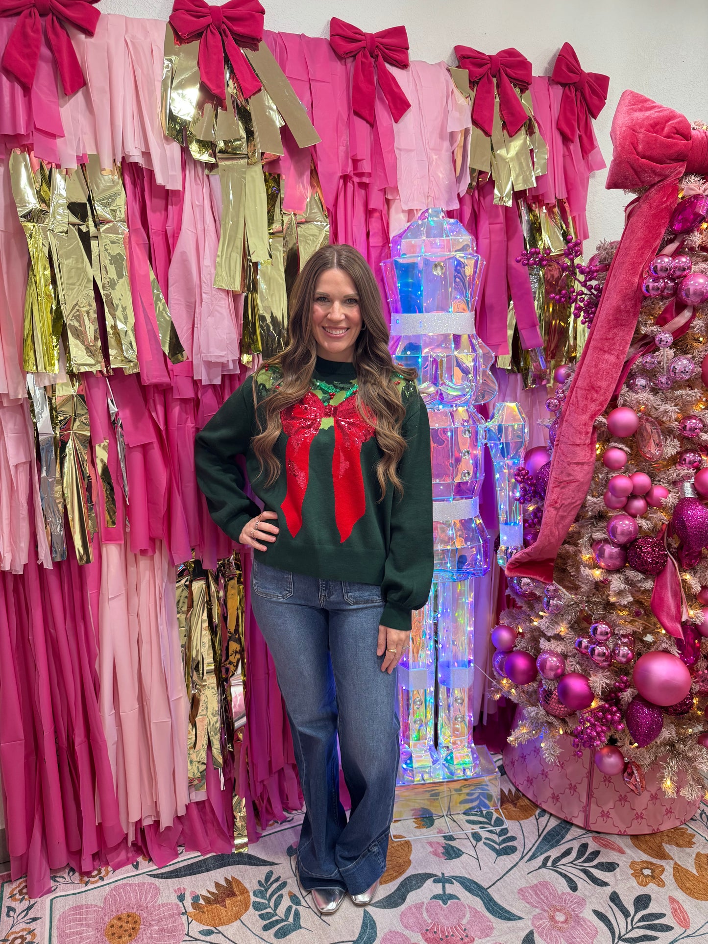 Queen Of Sparkles Dark Green & Red Wreath Sweater