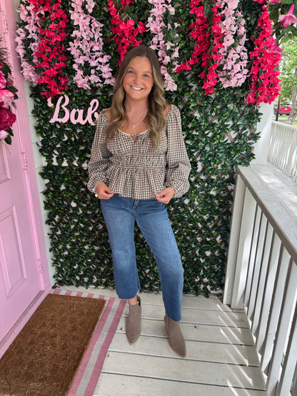 Chestnut Gingham Peplum Top