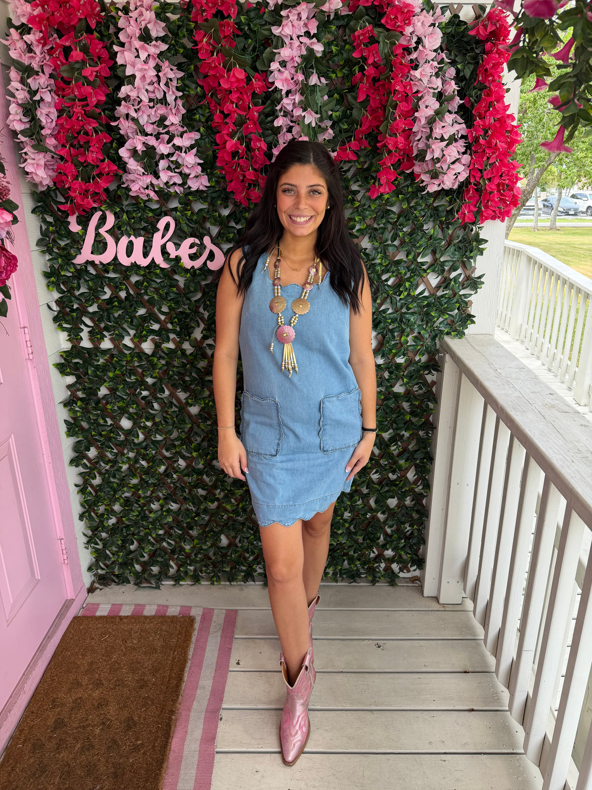 Scallop Details Denim Dress