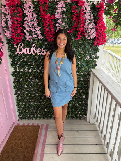Scallop Details Denim Dress