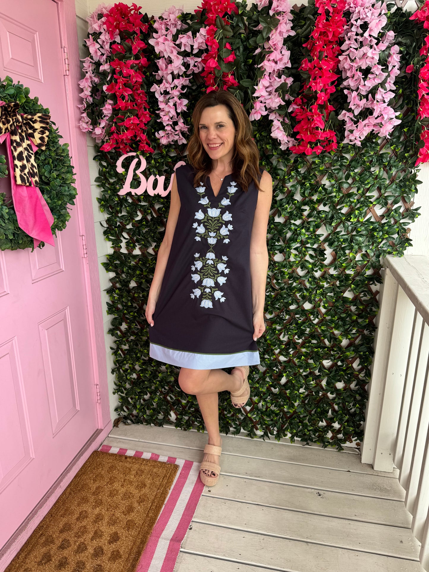Navy Sleeveless Embroidered Florals Dress