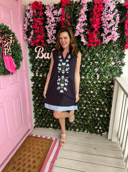 Navy Sleeveless Embroidered Florals Dress