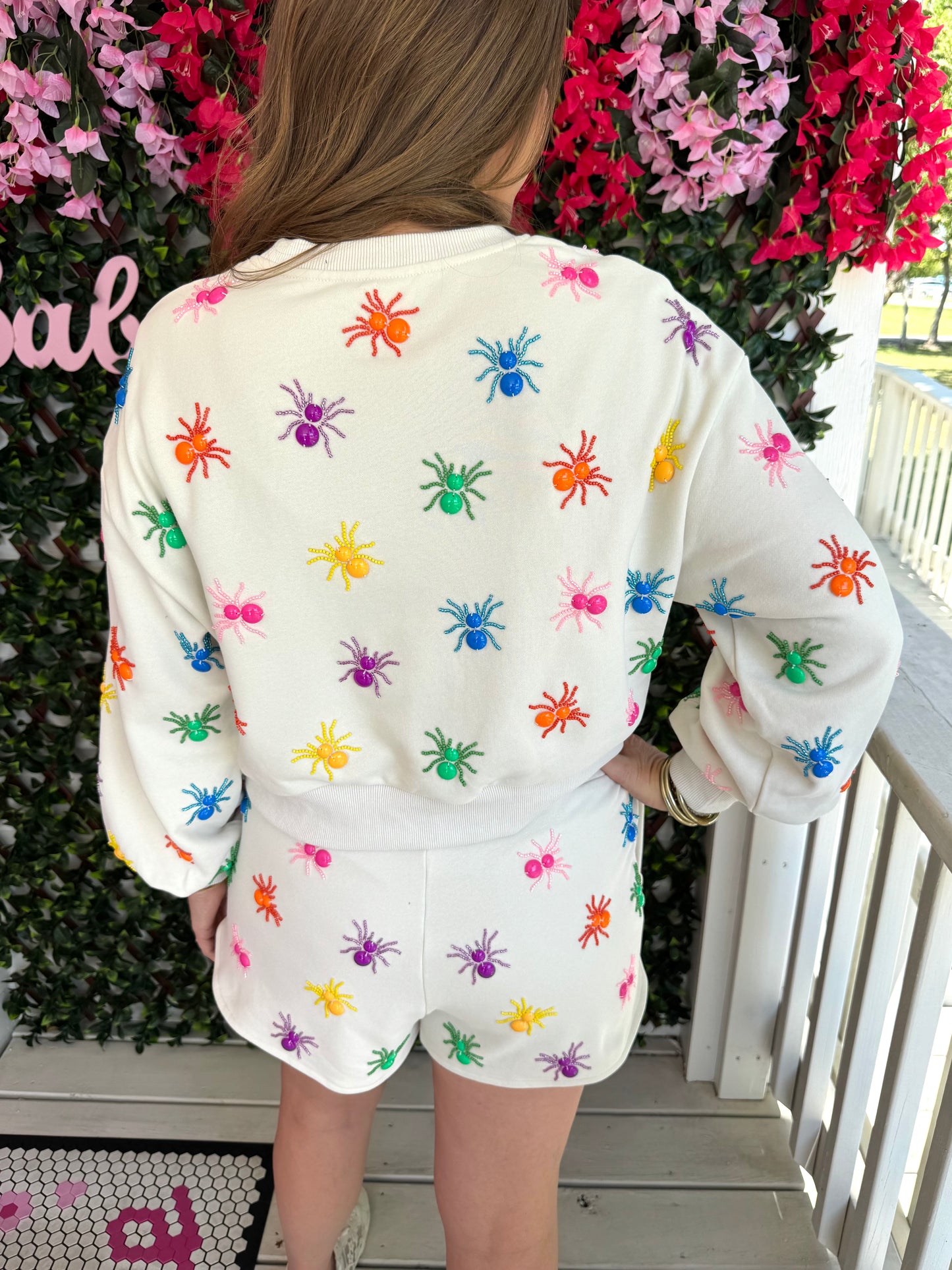 Queen of Sparkles Ivory Multi Beaded Spider Sweatshirt