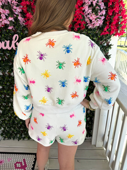 Queen of Sparkles Ivory Multi Beaded Spider Sweatshirt