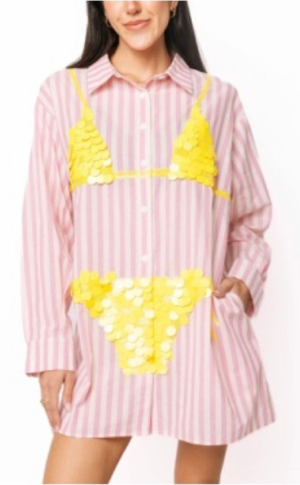 Queen of Sparkles Pink Striped Yellow Paillette Bikini Tunic