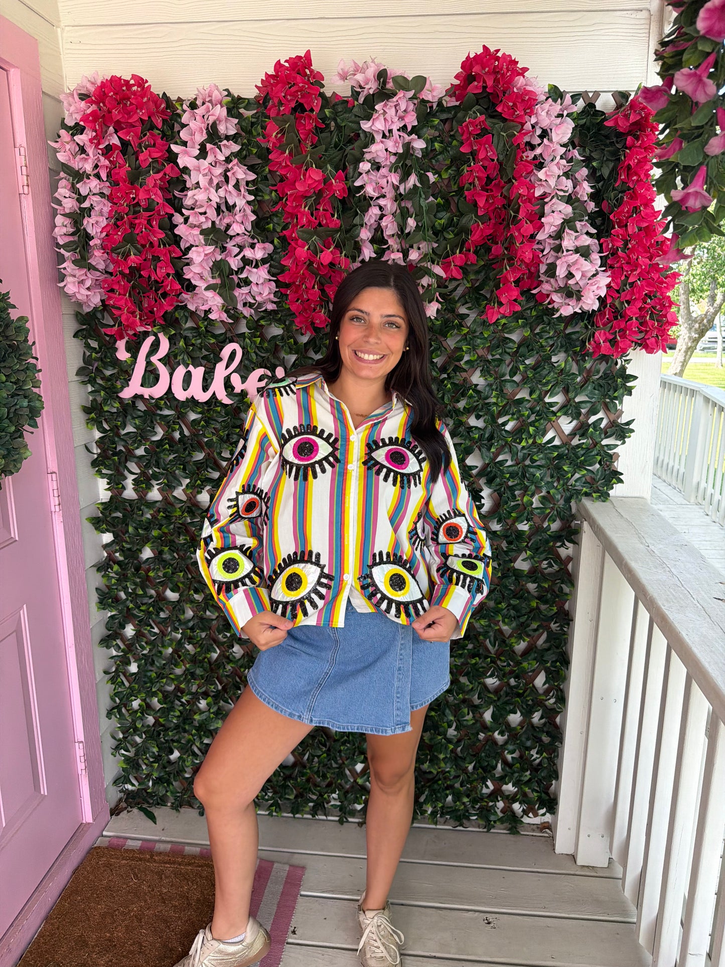Queen Of Sparkles Rainbow Striped Eye Button Up Top