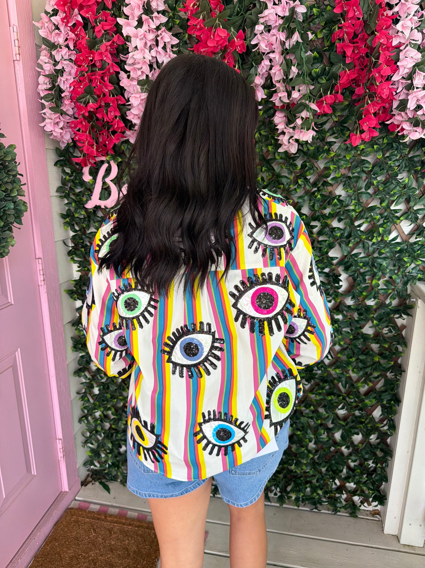 Queen Of Sparkles Rainbow Striped Eye Button Up Top