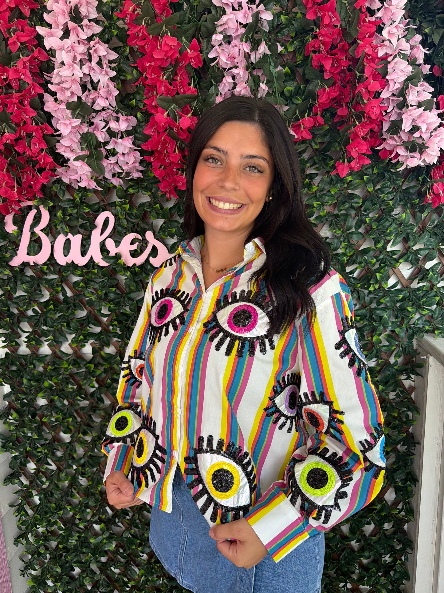 Queen Of Sparkles Rainbow Striped Eye Button Up Top