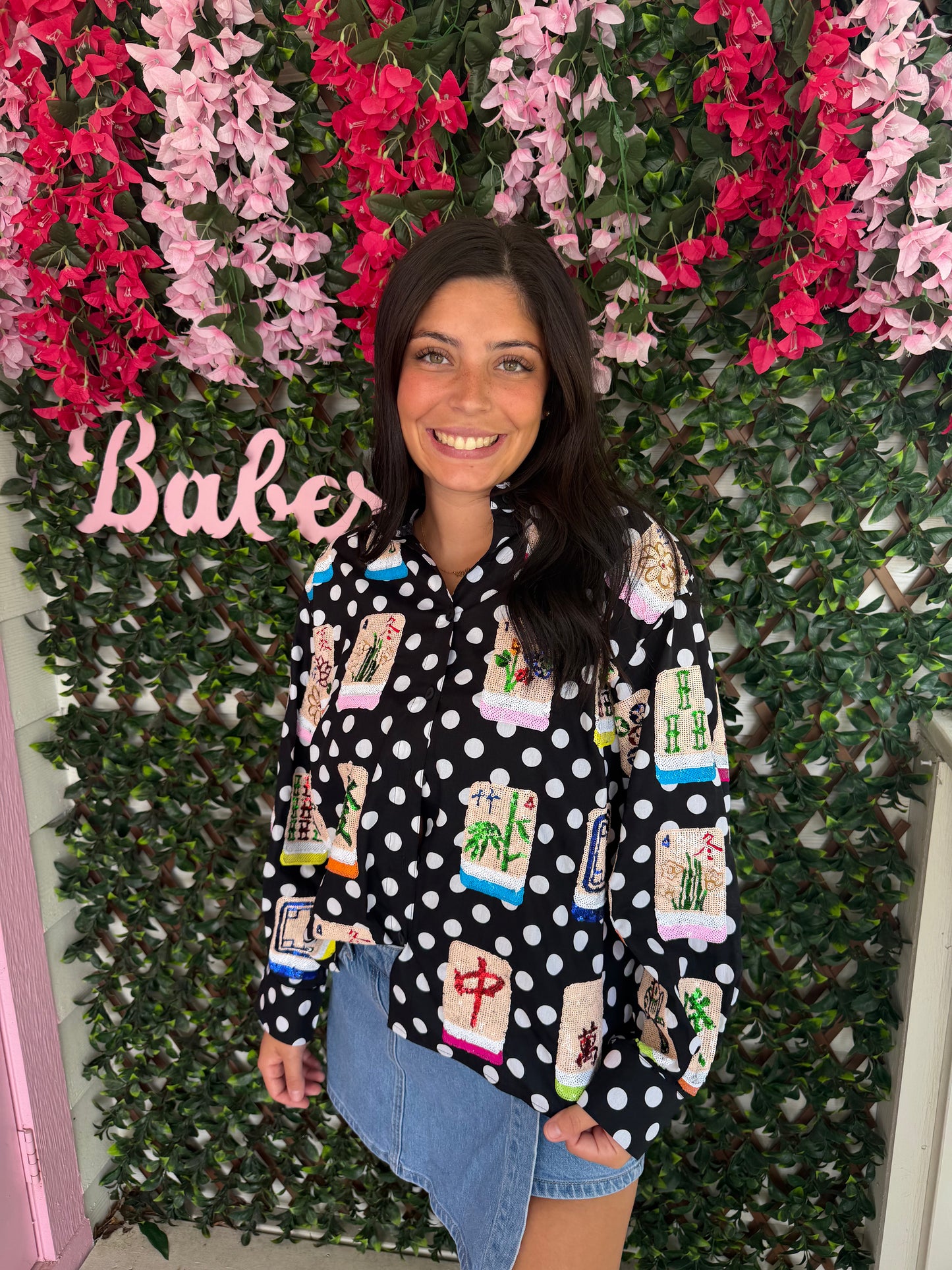 Queen Of Sparkles Polka Dot Scattered Mahjong Button Up Top